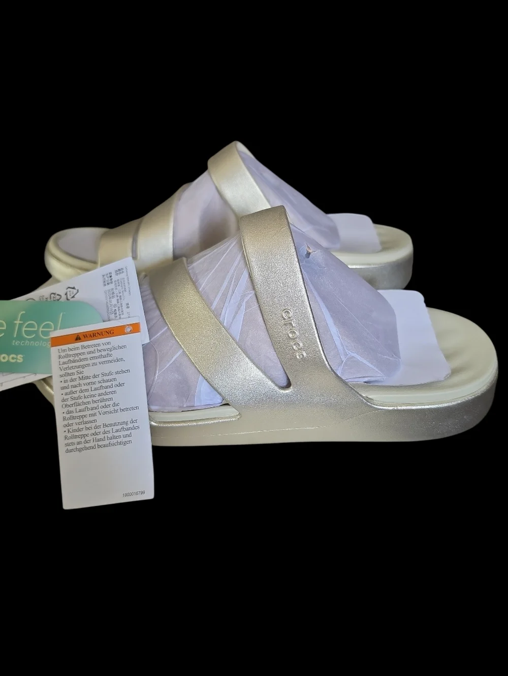 CROCS Women's Free Feel Metallic Champagne Triple-Strap Slide Sandals NWT Size 9 - Picture 7 of 8